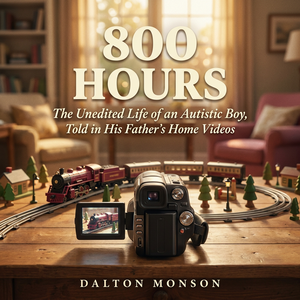 Cover of 800 Hours by Dalton Monson, showing a vintage camcorder filming a model train set in warm honey light