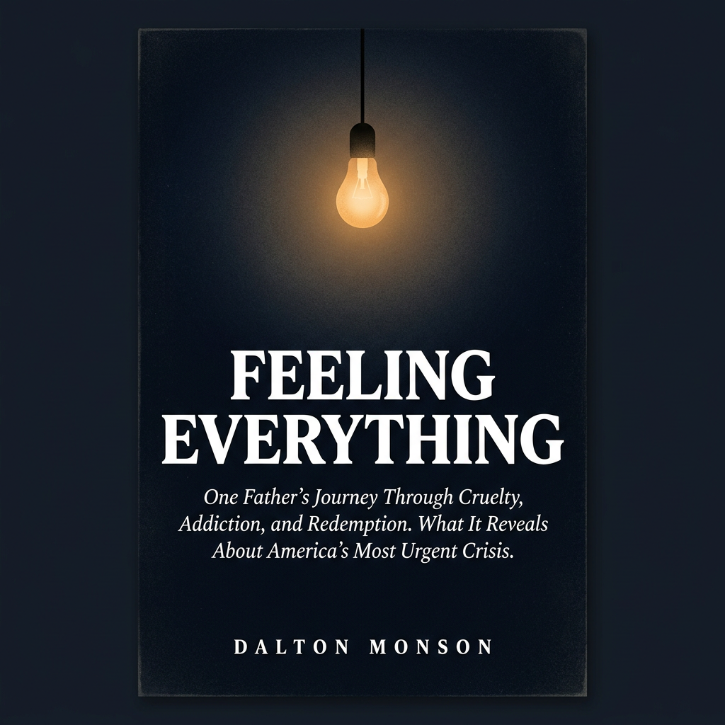 Cover of Feeling Everything by Dalton Monson, showing a single hanging incandescent bulb against a deep navy field