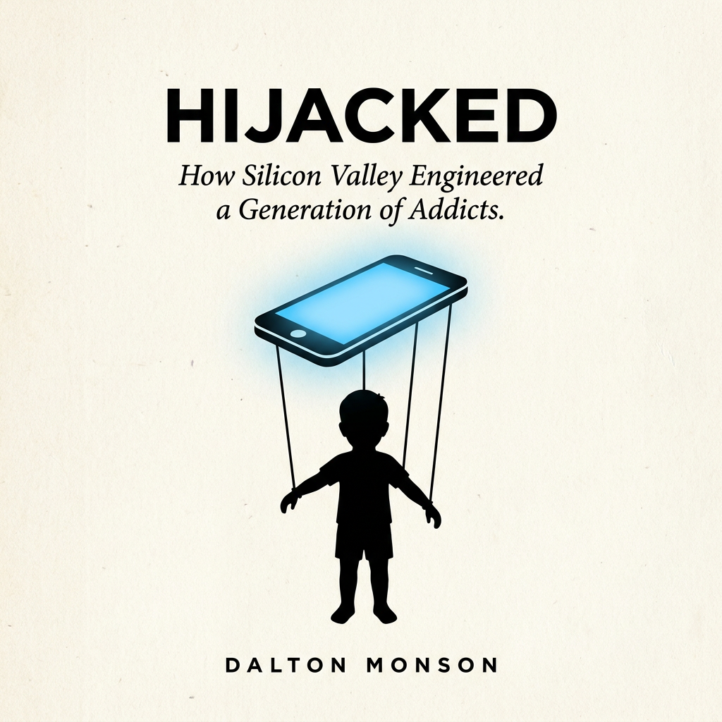 Cover of HIJACKED by Dalton Monson, showing a child silhouette as a marionette controlled by strings descending from a smartphone